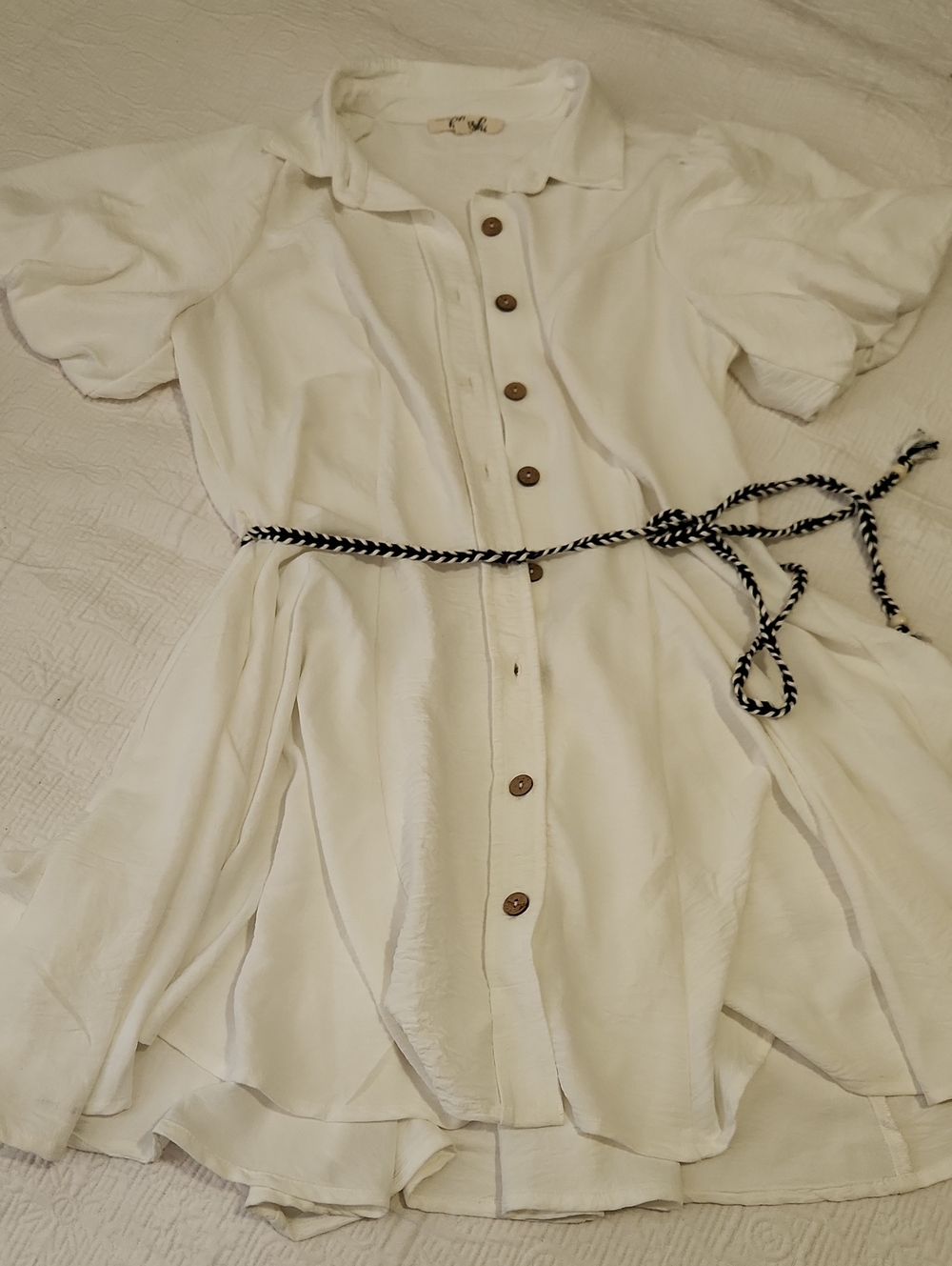 White Button-Front Dress with Black-and-White Rope Belt